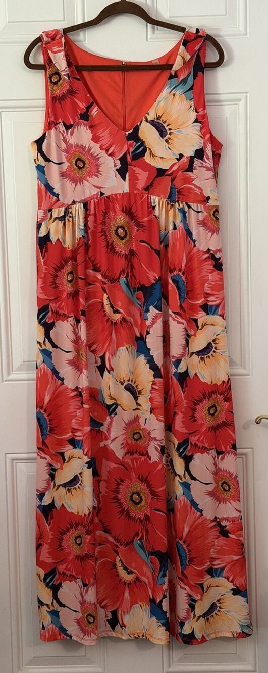 T Tahari 10 Summer Maxi Dress Fully Lined Sleeveless V Neck Orange Floral Zip